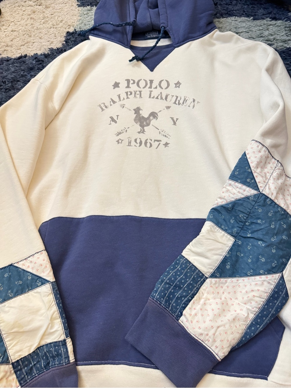 Polo Ralph Lauren Vintage Cream & Navy Patchwork Quilt Hoodie